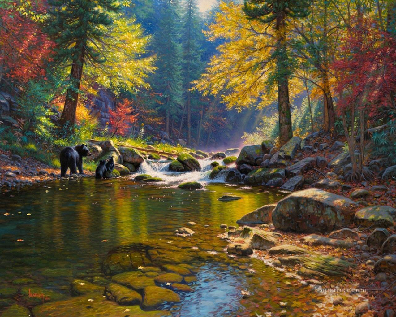 bear in autumn river Landscapes Oil Paintings